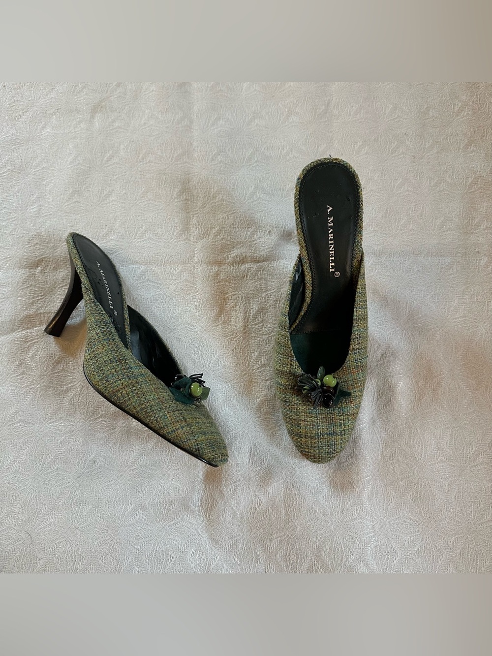Vintage Y2K A. Marinelli Office Siren Tweed Green Heels 9.5 Leather Sole

Good u